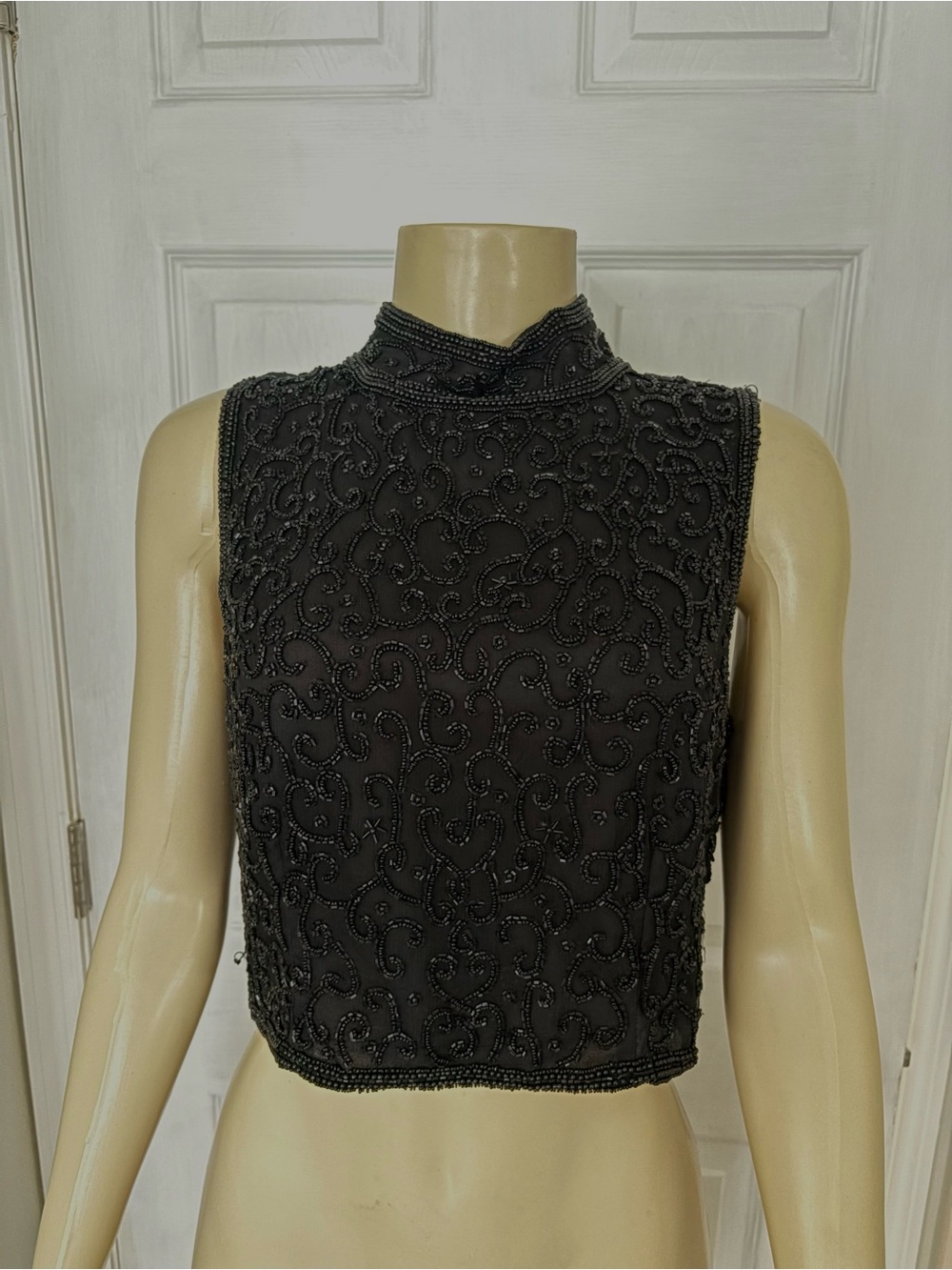 Vintage Beaded Mock Neck Black Crop Top
